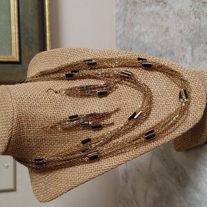 Vintage Multi Chain Rectangular Black Glass Beads and Matching Earrings